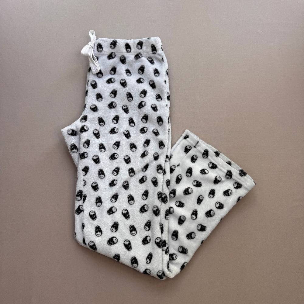 Faded Rose Womens Fleece Pajama Pants White Black Skull Print Sleepwear Medium